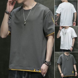 Mens Cotton Short-sleeved T-shirt Fake Two-piece Korean Clothes