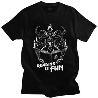 [100% Cotton] เสื้อยืดลําลอง แขนสั้น คอกลม พิมพ์ลาย Baphomet s Pre-shrunk Satan Demon Geeks Reading Is Fun เข้ากับ_04