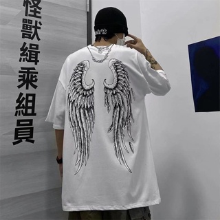 Summer Black T-Shirt Korean Unisex Oversized Shirt Angel Wings Print Pattern T-Shirt Mens Casual Round Neck Short _01