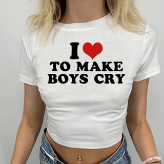 เสื้อครอปท็อป ลายกราฟฟิค I Love To Make Boys Cry สไตล์เกาหลี แฟชั่นสําหรับผู้หญิง Y2k 2000s Yk2