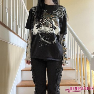 Demonlorest- เสื้อยืดลําลอง แขนยาว คอกลม ลาย Y2K Grunge Fairy สไตล์วินเทจ สําหรับสตรี เหมาะกับงานปาร์ตี้ 2 ชิ้น