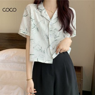 Coco~เสื้อเชิ้ต เสื้อเชิ้ตแขนสั้น ท็อปส์ซูระบายอากาศบาง พิมพ์วินเทจ เสื้อผ้าแฟชั่นสตรี