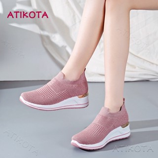 Atikota รองเท้าสลิปออนลําลอง พื้นหนา ระบายอากาศ เพิ่มความสูง แฟชั่นสําหรับผู้หญิง