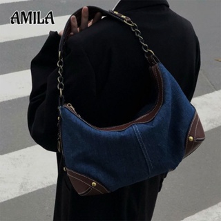 AMILA กระเป๋าใต้วงแขนผ้ายีนส์ย้อนยุควินเทจสาวร้อนกระเป๋าทรงบาแก็ตต์กระเป๋าสะพายวัสดุผ้ายีนส์แข็ง