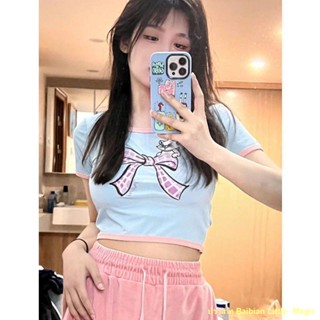 พร้อมส่ง #🔥เสื้อยืดแขนสั้นพิมพ์ลายแมวหวานผู้หญิงใหม่ Hot Girl สั้นด้านบน