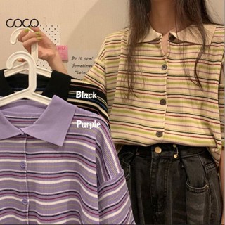 Coco~เสื้อถัก ปุ่มคาร์ดิแกนแขนสั้น เสื้อลาย สไตล์เกาหลี