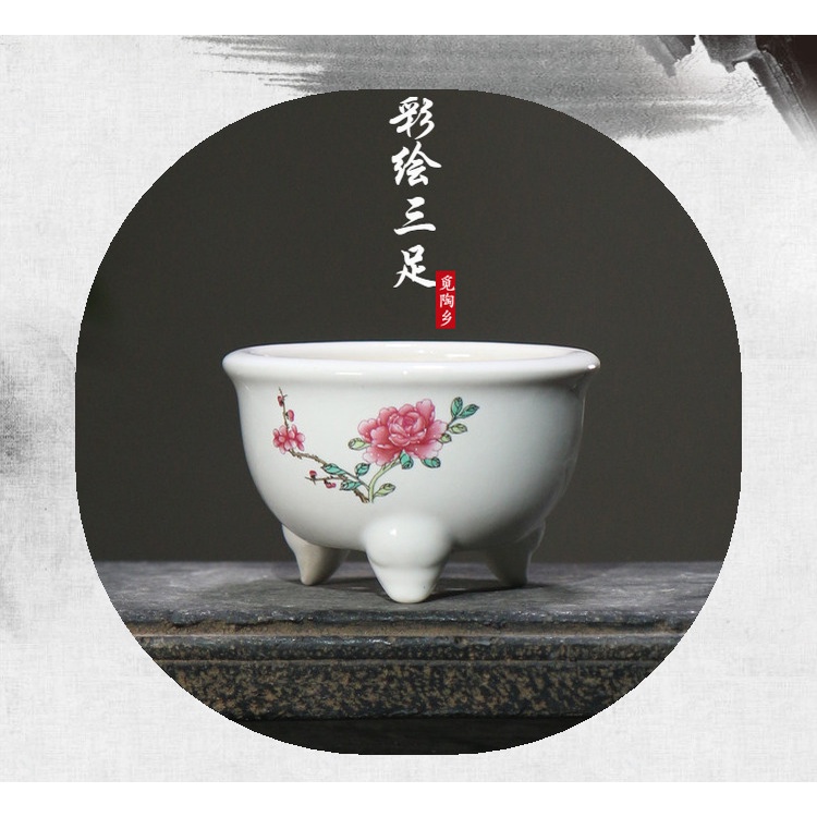 jingdezhen-กระถางดอกไม้เซรามิค-เคลือบเงา-ทรงกลม-สามขา-เพ้นท์มือ-สีขาว-ม่วง-ดอกโบตั๋น