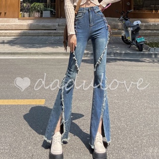 DaDulove💕 New Korean Version of Ins Strappy Womens Jeans High Waist Slim-fit Trousers Niche Raw Edge Slit Pants