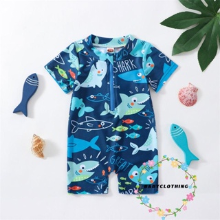 Babyclothes- ชุดว่ายน้ําจั๊มสูท แขนสั้น พิมพ์ลายปลาฉลาม มีซิป ลําลอง ฤดูร้อน สําหรับเด็กผู้ชาย