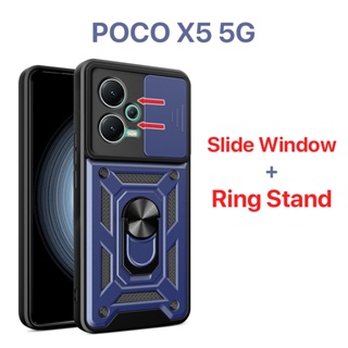 เคส POCO X5 5G case หน้าต่างบานเลื่อน การป้องกันกล้อง ขาตั้งแหวนโลหะ เคสแข็ง ป้องกันลายนิ้วมือ กันกระแทก