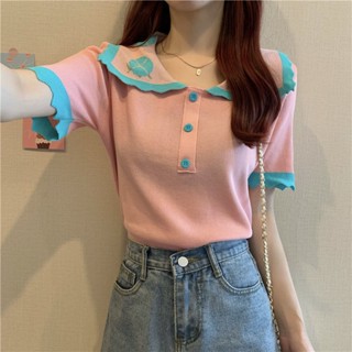 [พร้อมส่ง] เสื้อยืดทรงโปโล แขนสั้น ผ้าเรยอน สีตัดกัน แฟชั่นฤดูร้อน สไตล์ฝรั่งเศส สําหรับผู้หญิง 2023