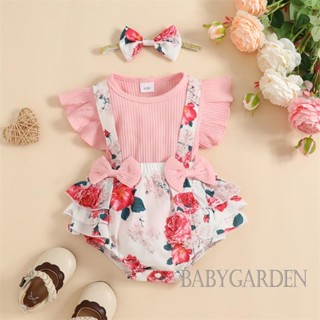 Babygarden-0-12 เดือน ชุดเสื้อผ้าเด็กผู้หญิง เสื้อยืดแขนบิน + กางเกงขาสั้น พิมพ์ลายดอกไม้ + ที่คาดผม