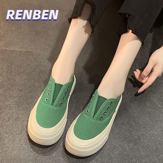 RENBEN รองเท้าผู้หญิง, รองเท้าผ้าใบพื้นหนา 2 คู่, สไตล์ใหม่ของนักเรียน, รองเท้าสแล็คเกอร์ 1 คู่