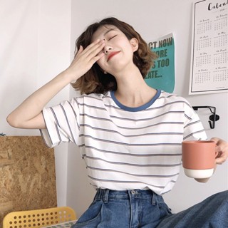 เสื้อยืดแขนสั้น ทรงหลวม ลายทาง แฟชั่นฤดูร้อน