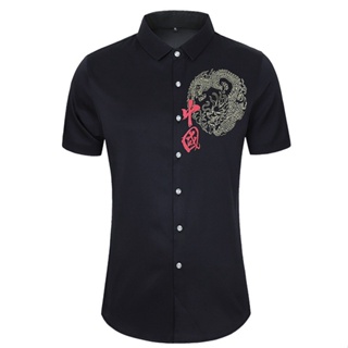 Mens Shirts Chinese Dragon Print Short Sleeve Blouse Male Slim fit Shirt New_01