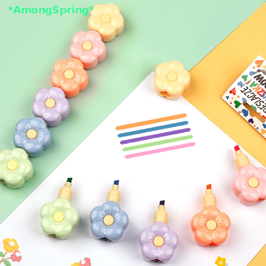 amongspring-gt-ปากกามาร์กเกอร์-เรืองแสง-ลายดอกไม้น่ารัก-เครื่องเขียน-สําหรับโรงเรียน-5-สี