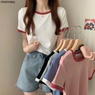 เสื้อยืดแขนสั้น คอกลม ผ้าฝ้ายแท้ ทรงสลิม สีตัดกัน สไตล์เกาหลี เรโทร แฟชั่นฤดูร้อน สําหรับผู้หญิง และนักเรียน 2023