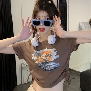 SKT485 เสื้อยืดครอป คอกลม พิมพ์ลายการ์ตูน สไตล์เกาหลี สําหรับผู้หญิง