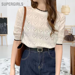 SUPERGIRLS เสื้อถักผู้หญิงสีบริสุทธิ์หัวใจออกแบบแขนสั้นเสื้อสวมหัวลำลองสำหรับฤดูร้อน