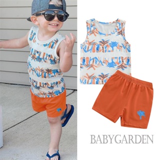 Babygarden-6m-4y ชุดเสื้อแขนกุด คอกลม พิมพ์ลายต้นไม้ และกางเกงขาสั้น สีส้ม สําหรับเด็กผู้ชาย