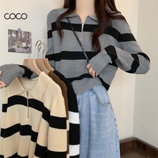 Coco~เสื้อถัก แถบ แฟชั่นยอดนิยม สไตล์นักเรียนแฟชั่นเวอร์ชั่นเกาหลี