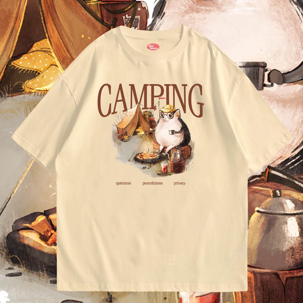 พร้อมส่งเสื้อเฮีย-เสื้อ-camping-น่ารักๆ-ผ้าcotton-100-มีสองสี-ทั้งทรงปกติและ-oversize