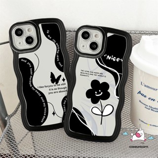 เคสโทรศัพท์มือถือ Tpu นิ่ม ขอบหยัก ลายดอกไม้ ผีเสื้อ สีดํา สไตล์วินเทจเรโทร สําหรับ iPhone 11 13 14 12 Pro Max 6s 6 7 8 Plus XR X XS Max 14 Plus SE 2020