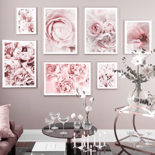 Pink Bloom Peony Rose Magnolia ภาพวาดผ้าใบ ลายดอกไม้ สไตล์นอร์ดิก สําหรับตกแต่งผนัง ห้องนั่งเล่น