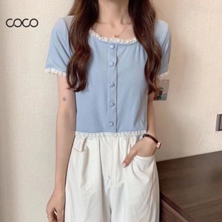 Coco~เสื้อยืด เสื้อสีทึบ การออกแบบขอบลูกไม้ ผ้านุ่มและระบายอากาศ เสื้อผ้าแฟชั่นสตรี
