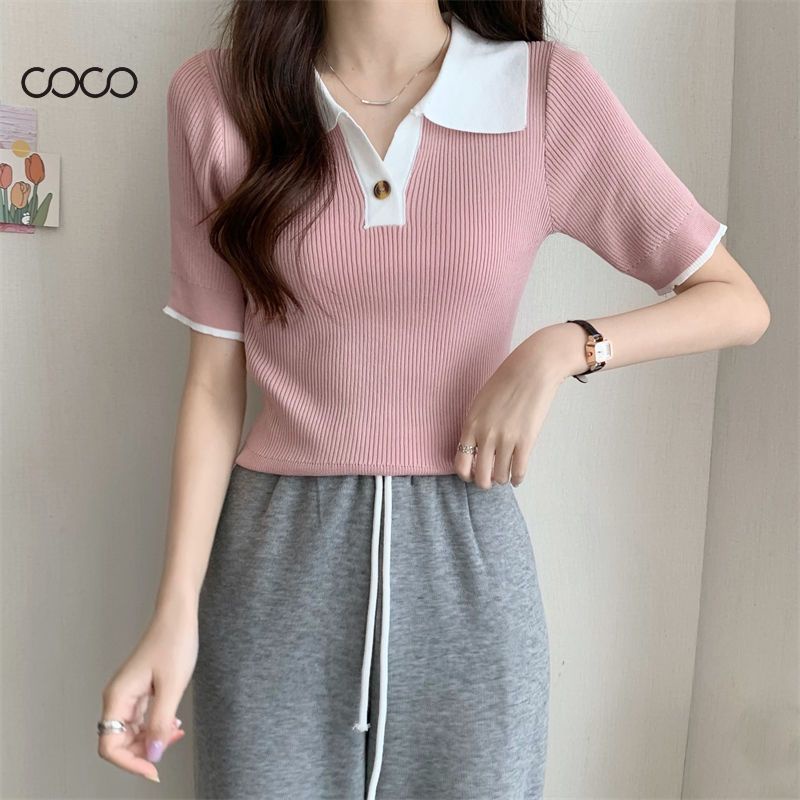 coco-เสื้อยืด-เสื้อยืดถักบาง-ผ้าระบายอากาศและสะดวกสบาย-สไตล์เกาหลีด้านบนนักเรียน