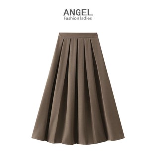 สินค้า [4 สี] ANGEL แฟชั่นผู้หญิง midi กระโปรงสีทึบ เกาหลี ยืดหยุ่น เอวสูง ทรงเอ สีดํา บาง ขนาดใหญ่ สวิงจีบ กระโปรงยาว เค้ก สําหรับผู้หญิง