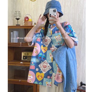 เสื้อเชิ้ตแขนสั้นพิมพ์ลาย Love Rabbit สำหรับผู้หญิง 2023 ฤดูร้อนใหม่วิทยาลัยลมเสื้อ