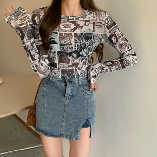 เสื้อยืดแขนยาว พิมพ์ลาย สไตล์เกาหลี แฟชั่นฤดูร้อน สําหรับผู้หญิง 2023