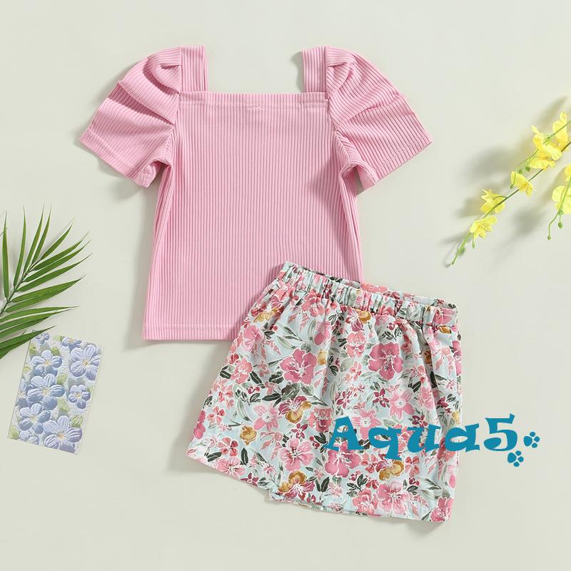 aqq-ชุดเสื้อแขนสั้น-พัฟ-สีชมพู-และกระโปรง-ทรงเอ-ลายสก๊อต-ลายดอกไม้-แฟชั่นฤดูร้อน-สําหรับเด็กผู้หญิง
