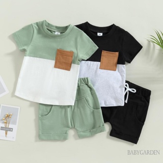 Babygarden-0-3 ปี ชุดเสื้อผ้าเด็กผู้ชาย แขนสั้น สีตัดกัน + กางเกงขาสั้น สีพื้น แบบผูกเชือก