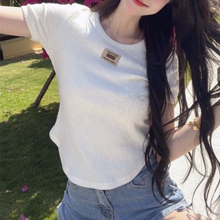 เสื้อยืดแขนสั้น พิมพ์ลายวาฟเฟิล แฟชั่นทันสมัย สไตล์เกาหลี สําหรับผู้หญิง