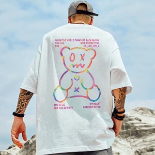 M-5XL fashion Korean hip-hop shirt mens oversized short-sleeved T-shirt seven color graffiti little bear print T-s_07