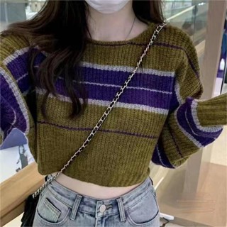 Xiao เสื้อกันหนาว คอกลม แขนสั้น ผ้าถัก ลายทาง สไตล์เกาหลี แฟชั่นฤดูใบไม้ร่วง ฤดูหนาว สําหรับผู้หญิง 2022