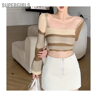 SUPERGIRLS Hollow Knitwear Women เสื้อสเวตเตอร์ถัก Flare แขนยาว คอสี่เหลี่ยม Stripes Polyester