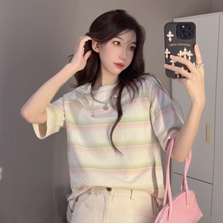 เสื้อยืดแขนสั้น ลายทาง ทรงหลวม อเนกประสงค์ แฟชั่นฤดูร้อน สําหรับผู้หญิง 101
