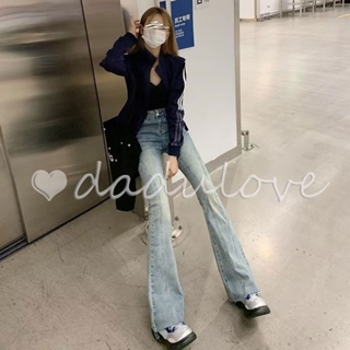 DaDulove💕 2023 New Korean Version Retro Washed Trousers Light Blue Micro Flared Jeans High Waist Slim Pants