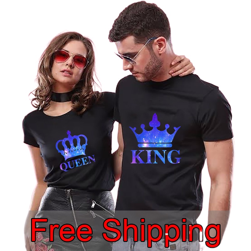 เสื้อยืดผู้-couple-t-shirt-summer-king-queen-letter-printed-t-shirt-valentines-day-cotton-short-sleeve-tees-br-เสื้อยื