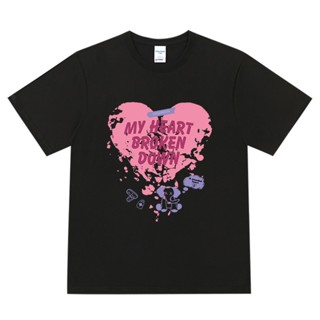 2023HIGH RAIN ใหม่ย้อนยุคฤดูร้อนแขนสั้นเสื้อยืดผู้ชายและผู้หญิงสไตล์ถนนรักคู่ทุกการแข่งขันเสื้อยืดสีดำ