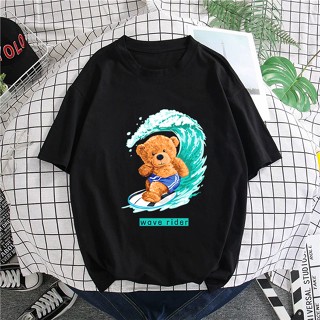 OOTD T-SHIRT PEREMPUAN LELAKI BAJU TEDDY BEAR WAVE RIDER TSHIRT WOMEN MEN KAIN COTTON/Baju Wanita/Oversize/Plus Siz_02