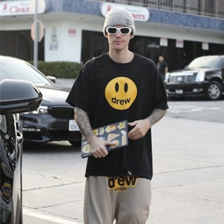 Drew Smiley House เสื้อยืดลําลองแฟชั่นสําหรับผู้ชายผ้าฝ้ายแขนสั้นสีพื้นสีพื้น_03