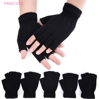 Pinkcool ถุงมือถัก แบบครึ่งนิ้ว ยืดหยุ่น อบอุ่น สีดํา เหมาะกับฤดูหนาว สําหรับผู้ชาย