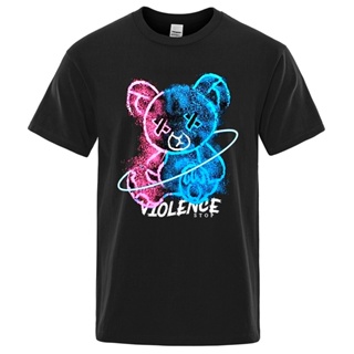 Stop Violence Teddy Bear Cartoons T-Shirt Mens Oversized Cotton T-Shirts Summer Fashion Streetwear Casual Breathabl_02