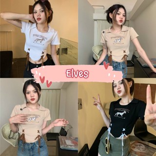 Elves✨พร้อมส่ง✨เสื้อไหมพรมแขนสั้นคอปก ครอปสั้น เท่กำลังดี ~49116/49122-C~