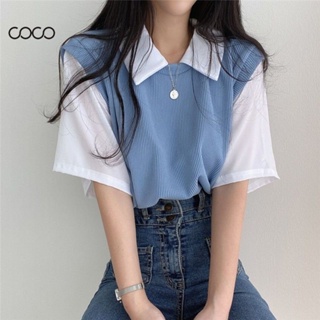 Coco~เสื้อยืด เสื้อยืดคอกลมแขนสั้น เวอร์ชั่นเกาหลีเรียบง่าย สไตล์นักเรียน