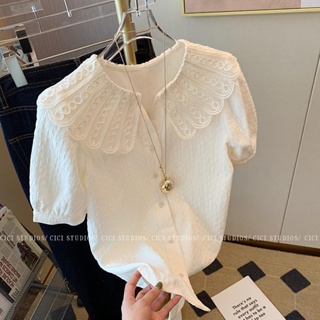 Extra large size 300 jin French lace doll collar white shirt gentle and advanced chiffon blouse trend